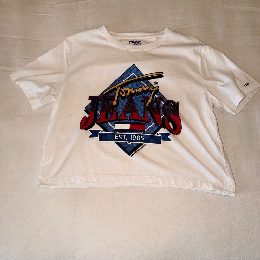 Tommy Hilfiger Jeans Cropped Graphic Tee Y2K White Logo Shirt XS